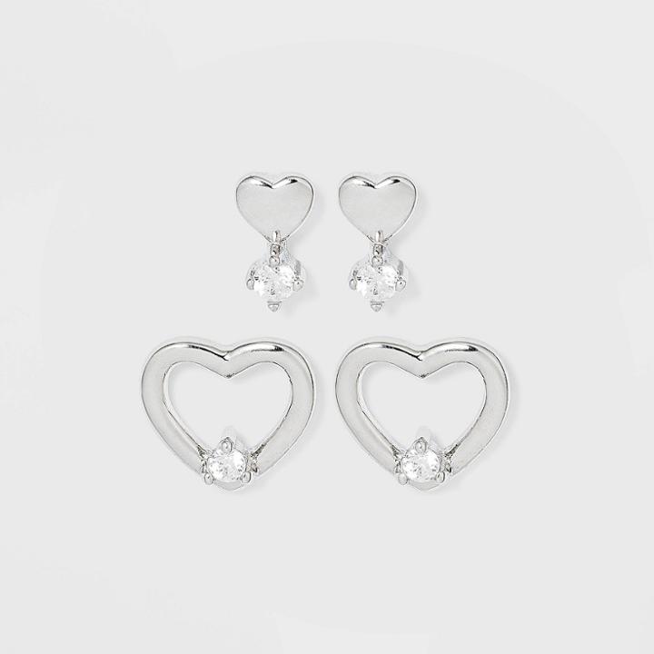Sterling Silver Cubic Zirconia Heart And Open Heart Stud Earrings - A New Day