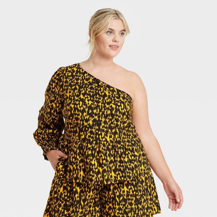 Women's Plus Size One Shoulder Long Sleeve Blouse - Who What Wear Yellow Leopard Print