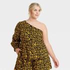 Women's Plus Size One Shoulder Long Sleeve Blouse - Who What Wear Yellow Leopard Print
