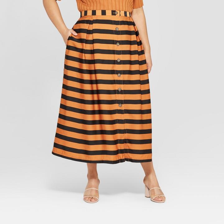 Women's Plus Size Striped Button Front A-line Midi Skirt - Who What Wear Black/brown