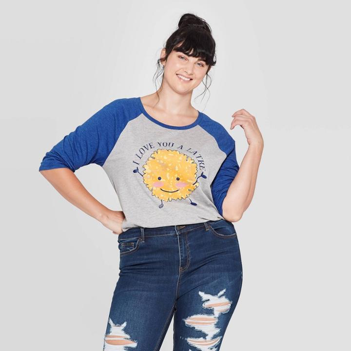 Well Worn Women's I Love You A Latke Plus Size Raglan 3/4 Sleeve Sweater (juniors') - Gray 2x, Women's,