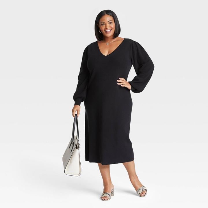 Women's Plus Size Balloon Long Sleeve Sweater Dress - Ava & Viv Black