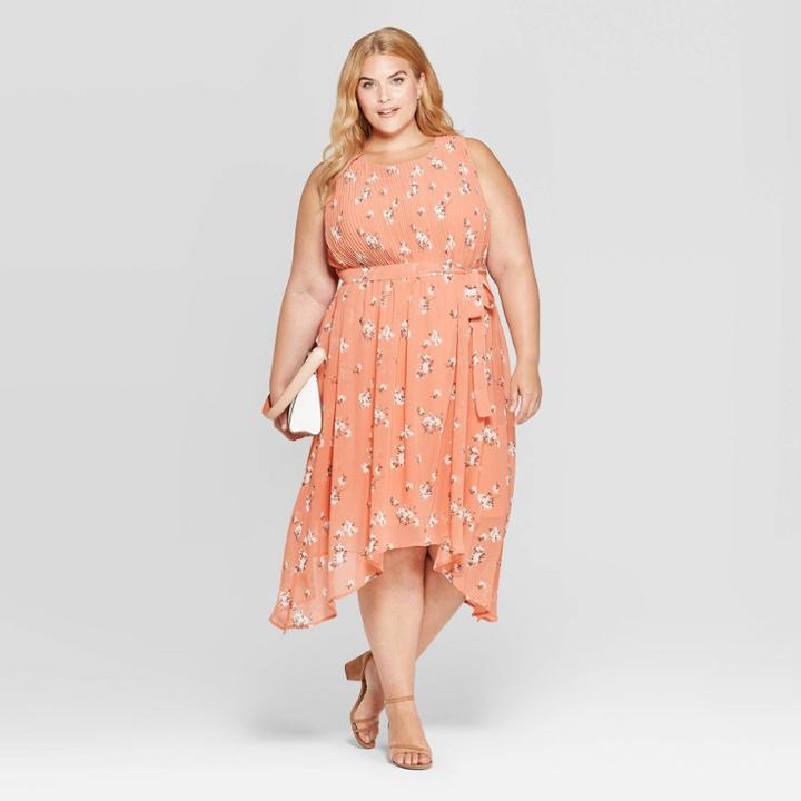Women's Plus Size Floral Print Sleeveless Crewneck Pleated Dress - Ava & Viv Apricot X, Orange