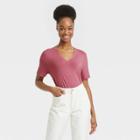 Women's Short Sleeve V-neck Drapey T-shirt - A New Day Dark Pink