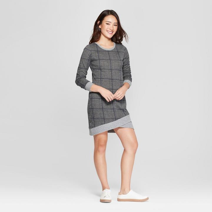 Women's Plaid Long Sleeve Hacci Dress - Almost Famous (juniors') Gray