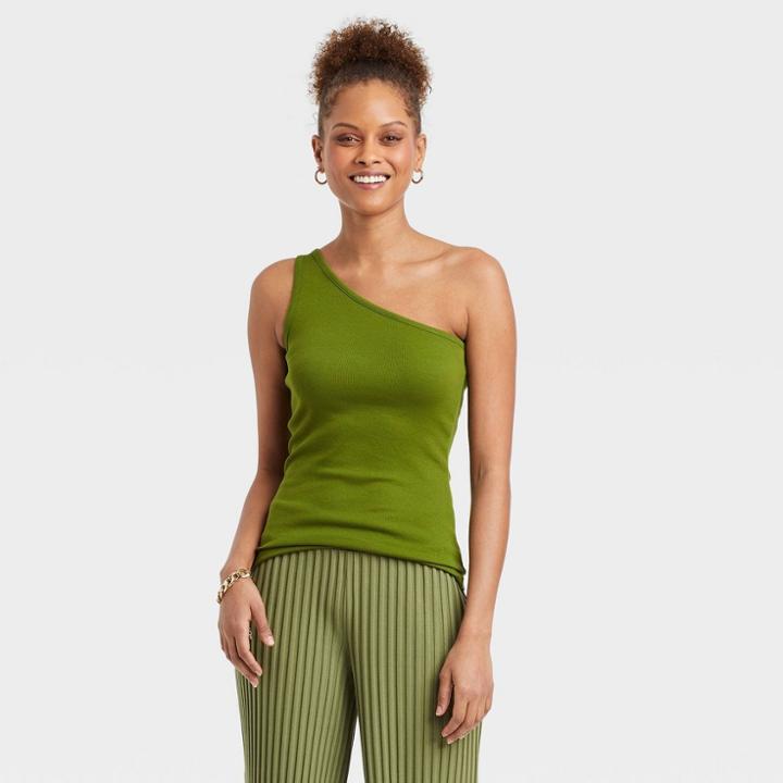 Women's Slim Fit One Shoulder Tank Top - A New Day Green