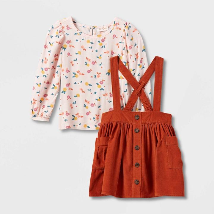 Toddler Girls' Long Sleeve Floral Top & Corduroy Skirtall Set - Cat & Jack Orange