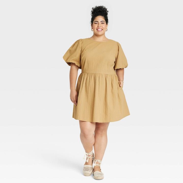 Women's Plus Size Puff Short Sleeve Back Cut Out Dress - A New Day Brown