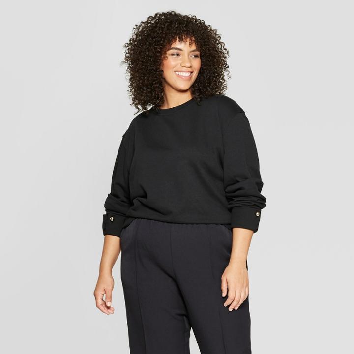 Women's Plus Size Long Sleeve Round Metal Button Sweatshirt - Who What Wear Black