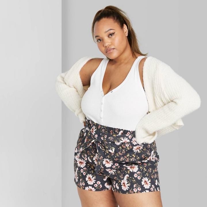 Women's Plus Size Floral Print High-rise Belted Paperbag Waist Shorts - Wild Fable Gray 1x, Women's, Size: