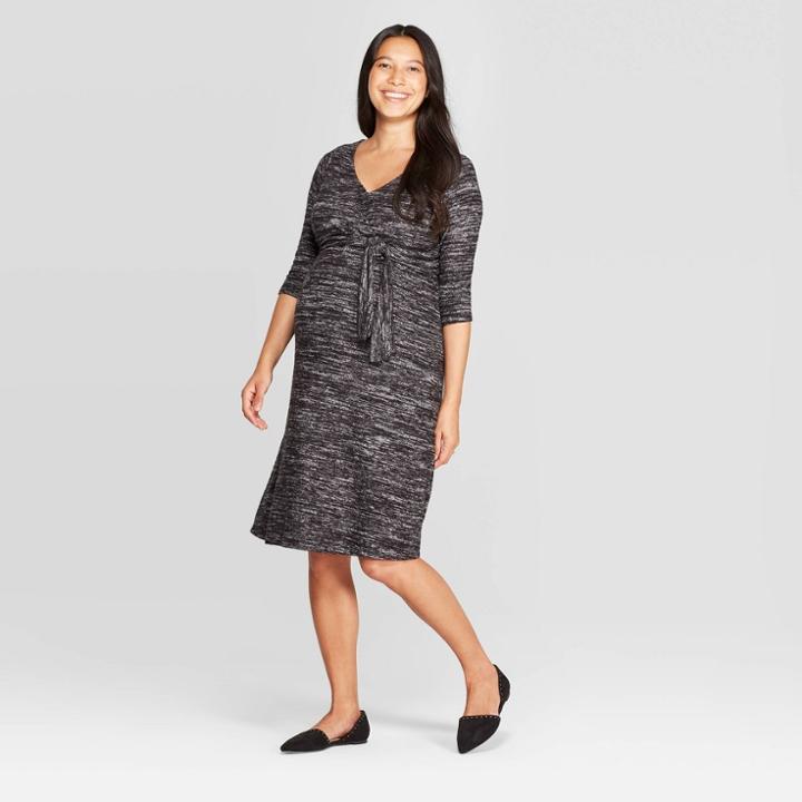 Maternity Long Sleeve Cozy Tie Front Dress - Isabel Maternity By Ingrid & Isabel Black