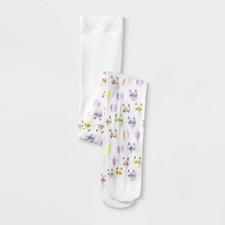 Girls' Cats & Heart Print Nylon Tights - Cat & Jack White S, Girl's, Size: Small,