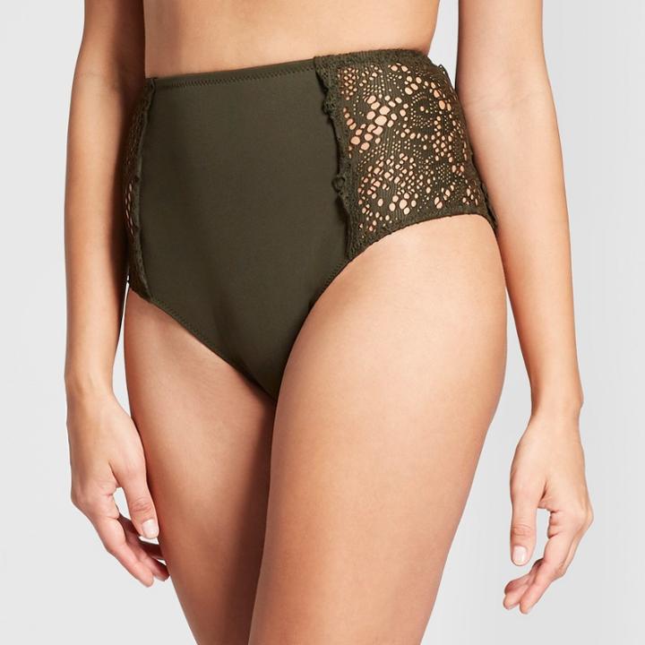Women's Crochet Inset Cheeky High Waist Bikini Bottom - Mossimo Olive Tree
