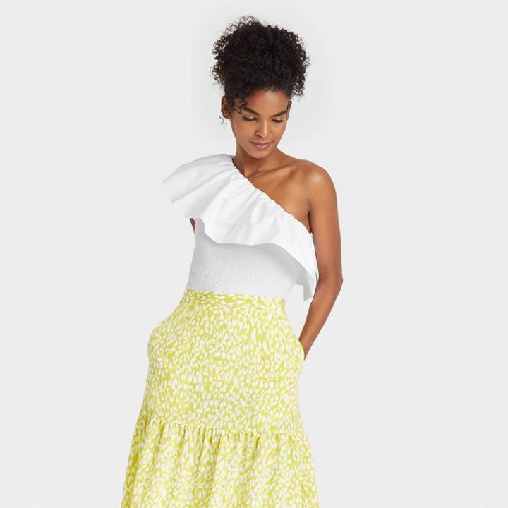 Women's Ruffle Elbow Sleeve One Shoulder Blouse - Who What Wear White