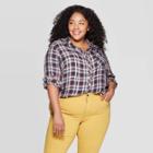 Women's Plus Size Plaid Long Sleeve Collared Button-down Shirt - Universal Thread Navy