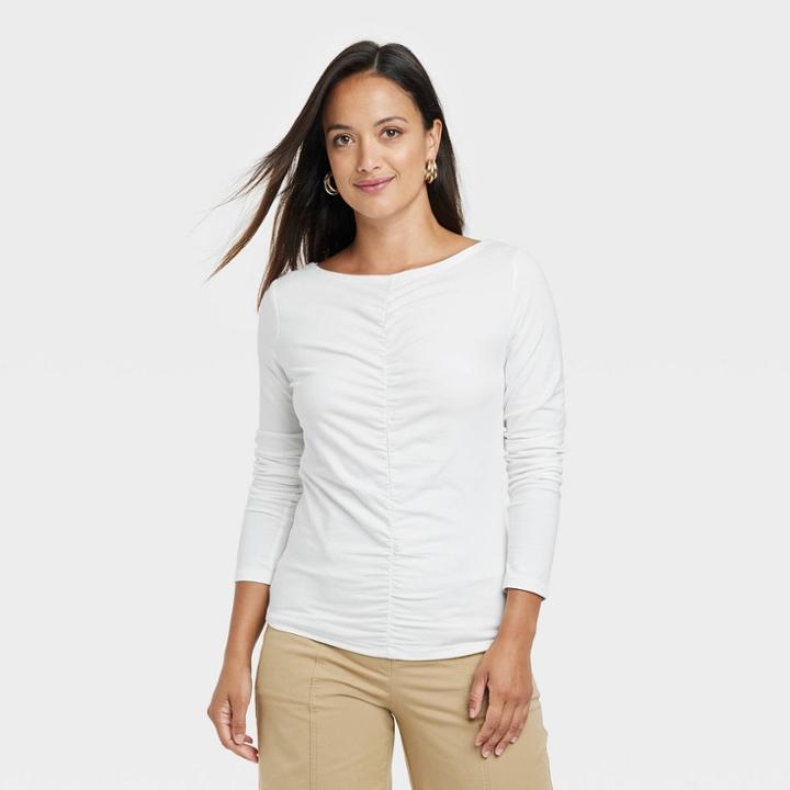 Women's Long Sleeve Slim Fit Boat Neck Ruched Front Top - A New Day White