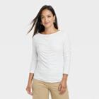 Women's Long Sleeve Slim Fit Boat Neck Ruched Front Top - A New Day White