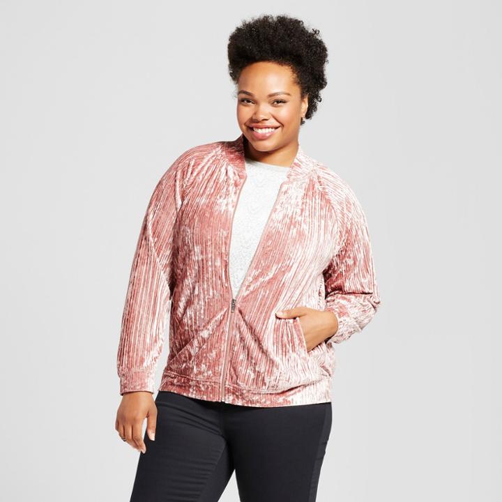 Women's Plus Size Pleated Velvet Bomber Jacket - Ava & Viv Red