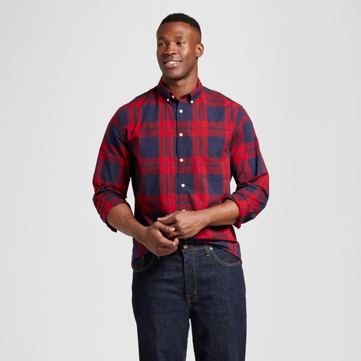 Men's Big & Tall Standard Fit Northrop Poplin Button-down Shirt - Goodfellow & Co Red/navy Plaid