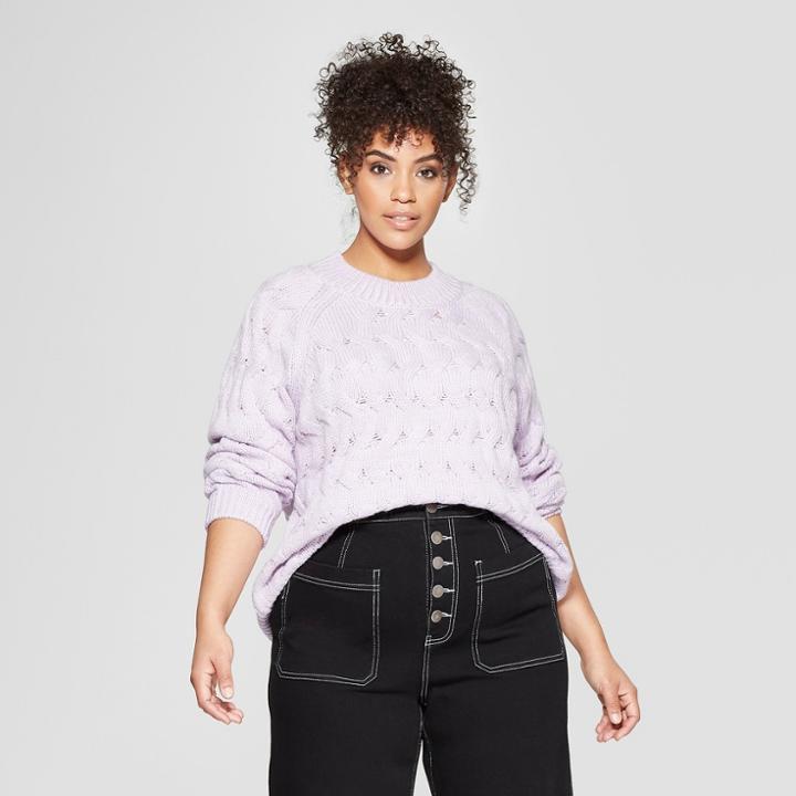 Women's Plus Size Long Sleeve Crew Neck Cable Sweater - Who What Wear Light Purple