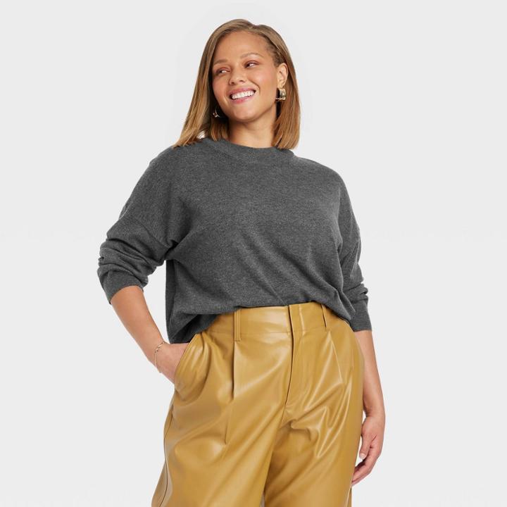 Women's Plus Size Fine Gauge Crewneck Sweater - A New Day Charcoal Gray