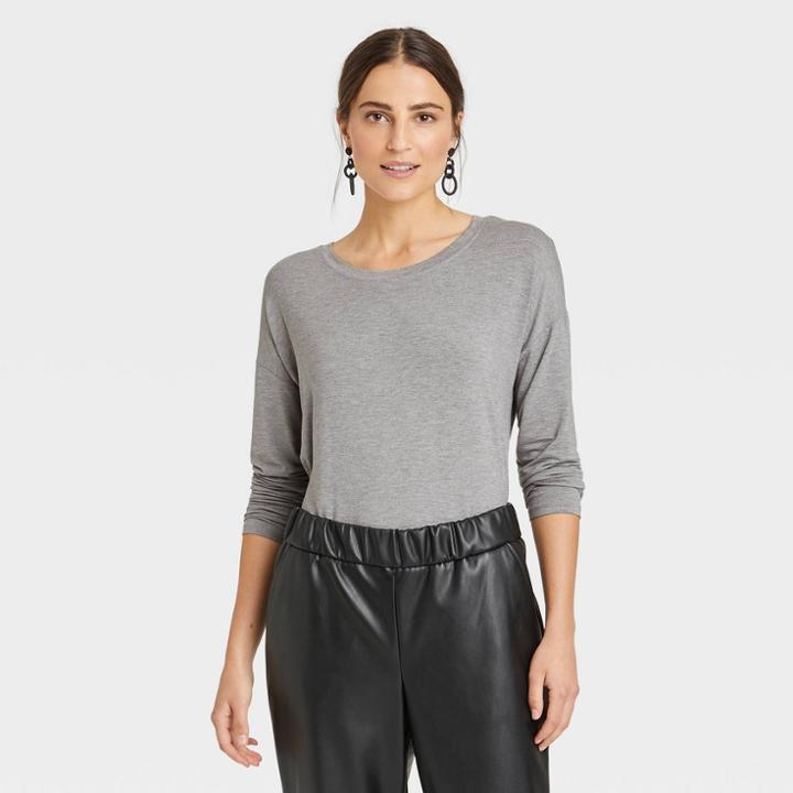 Women's Long Sleeve Rayon Span T-shirt - A New Day Heathered Gray