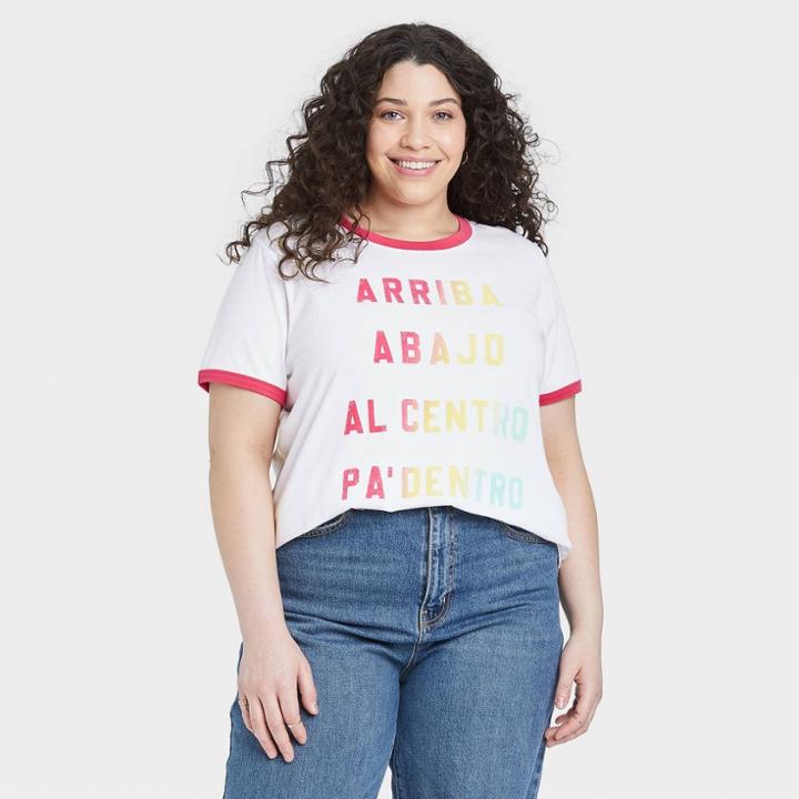 Doe. Women's Plus Size Arriba Abajo Ringer Short Sleeve Graphic T-shirt - White
