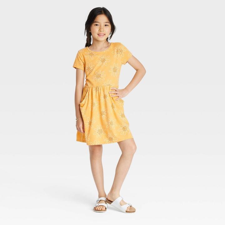 Girls' Printed Short Sleeve Knit Dress - Cat & Jack Dark Mustard Yellow