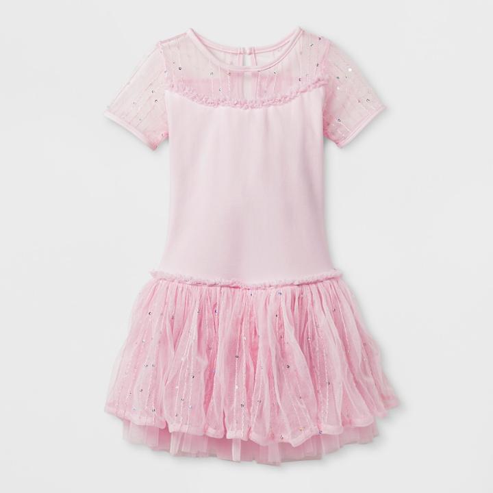 Danshuz Toddler Girls' Double Layer Skirt With Sequin Mesh Yoke Short Sleeve Activewear Dress - Pink 2-4,