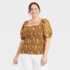 Women's Plus Size Square Neck Puff Short Sleeve Smocked Top - Ava & Viv Light Brown Floral Print X