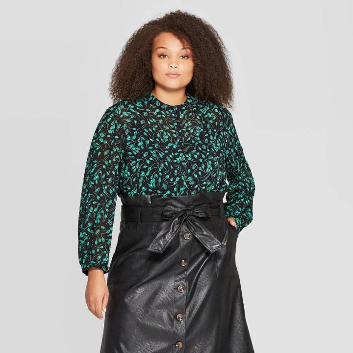 Women's Plus Size Floral Print Bishop Long Sleeve Crewneck Blouse - Who What Wear Black