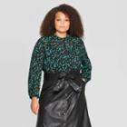 Women's Plus Size Floral Print Bishop Long Sleeve Crewneck Blouse - Who What Wear Black