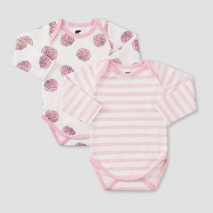 Layette By Monica + Andy Baby Girls' 2pk Floral And Striped Long Sleeve Bodysuit - Pink Newborn