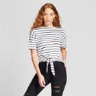 Women's Short Sleeve Striped Tie Front French Terry Top - Alison Andrews White/black L,