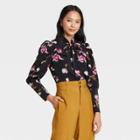 Women's Floral Print Puff Long Sleeve Blouse - Who What Wear Black
