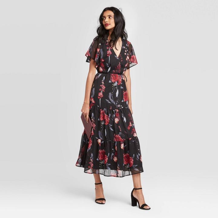 Women's Floral Print Flutter Short Sleeve V-neck Maxi Dress - A New Day Black M, Women's,