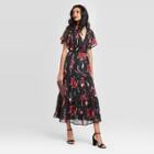 Women's Floral Print Flutter Short Sleeve V-neck Maxi Dress - A New Day Black M, Women's,