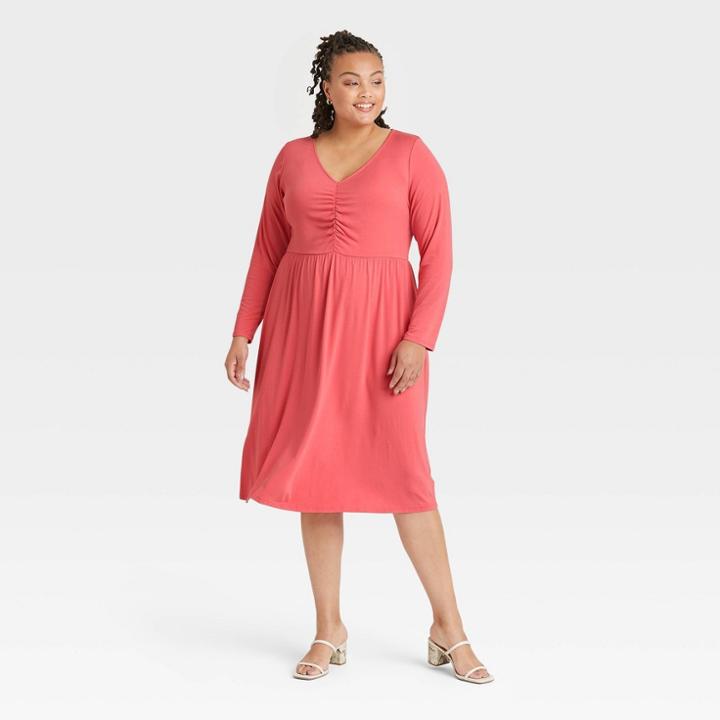 Women's Plus Size Long Sleeve Ruched Bodice Dress - Ava & Viv Coral X, Pink