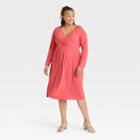 Women's Plus Size Long Sleeve Ruched Bodice Dress - Ava & Viv Coral X, Pink