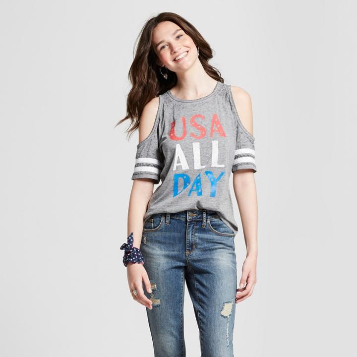 Women's Short Sleeve Usa All Day Cold Shoulder Graphic T-shirt - Modern Lux (juniors') Heather Gray