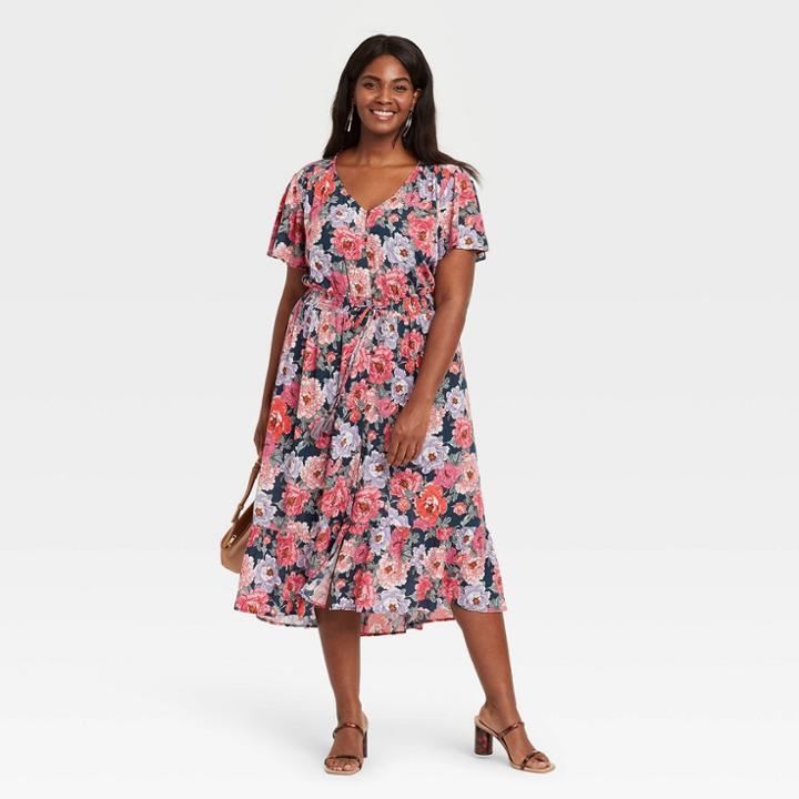 Women's Plus Size Floral Print Flutter Short Sleeve Dress - Knox Rose Coral