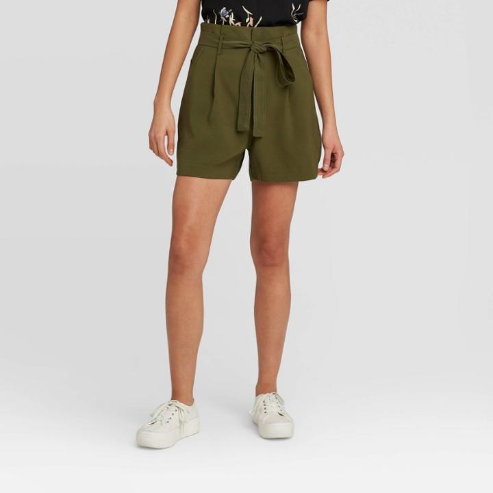Women's Mid-rise Paperbag Shorts - A New Day Green