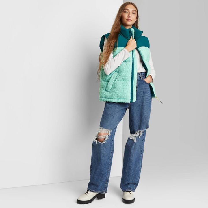 Women's Oversized Puffer Vest - Wild Fable Green Color Block