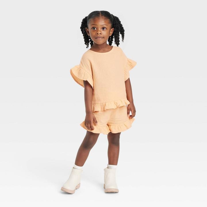 Grayson Collective Toddler Girls' Gauze Ruffle Short Sleeve Top & Shorts Set - Peach Orange