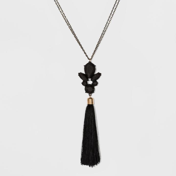 Chain With Stone Embellishments And Thread Tassel Necklace - A New Day Black