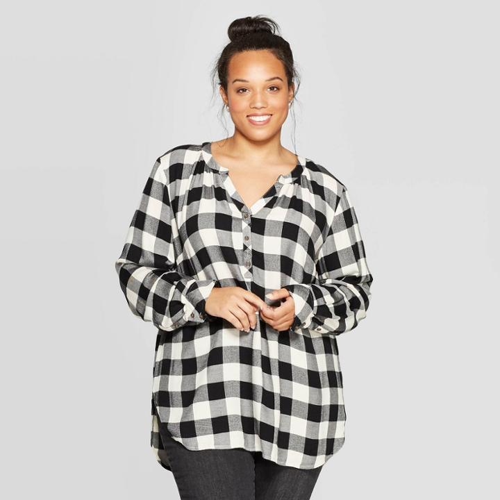 Women's Plus Size Plaid Long Sleeve V-neck Tunic Shirt - Universal Thread Black