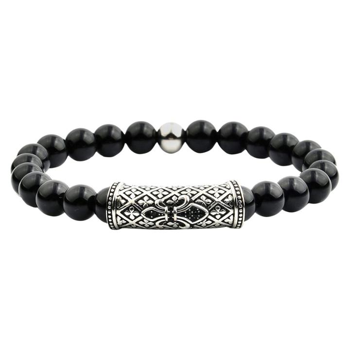West Coast Jewelry Men's Crucible Natural Stone Beaded Bracelet With Fleur De Lis Id - Black Onyx -