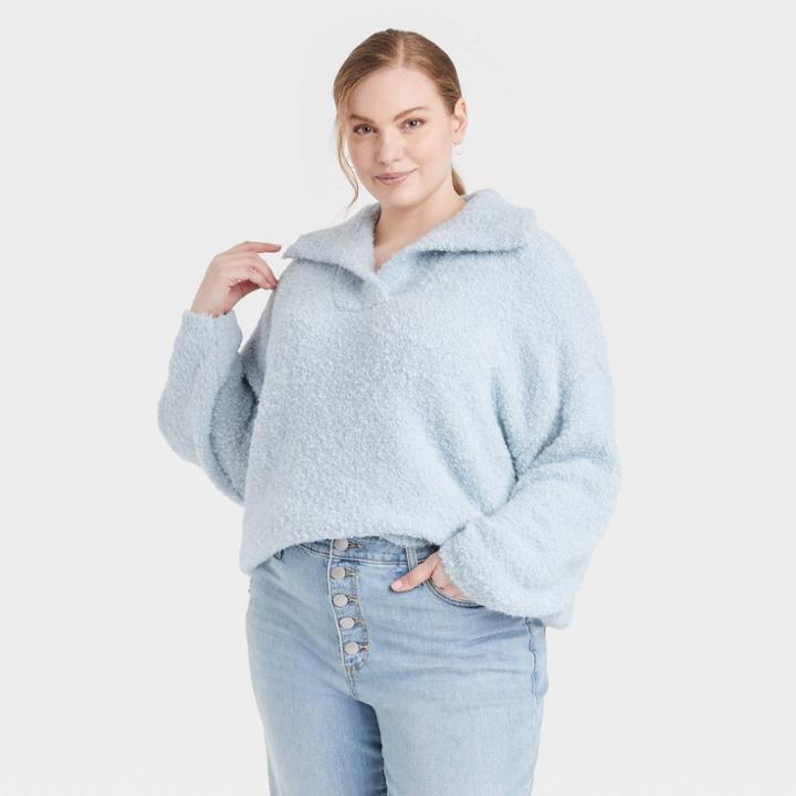 Women's Plus Size Split Neck Cozy Lounge Pullover Sweater - Universal Thread Blue