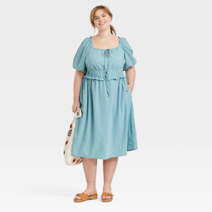 Women's Plus Size Puff Short Sleeve Dress - Universal Thread Blue