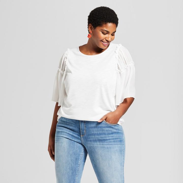 Women's Plus Size Chiffon Bell Short Sleeve Knit Top - Ava & Viv White